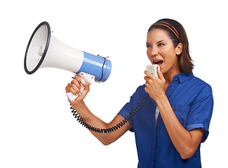 Image showing Megaphone communication, angry and woman scream, talking or broadcast speech on racism, human rights or empowerment. Protest rally, bullhorn announcement voice and studio speaker on white background