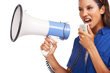 Image showing Megaphone communication, studio and woman scream, angry or broadcast revolution speech on gender equality. Government politics protest, announcement sound or loud speaker isolated on white background