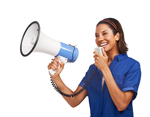Image showing Megaphone communication, studio woman and happy for broadcast speech on sales promo, breaking news or discount deal. Announcement voice, advertising notification and speaker chat on white background