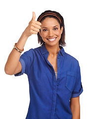 Image showing Woman, thumbs up and portrait in studio for happy agreement, good news or support yes. Female person, face and hand gesture on white background for mockup space as winning, vote results or approval