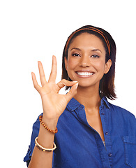 Image showing Studio, portrait or happy woman with okay hand sign for support, agreement or feedback. Review, face or African person on white background with smile or perfect gesture for approval, like or yes icon