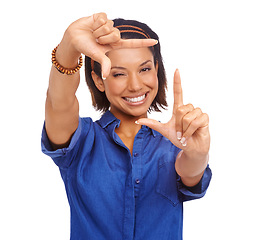 Image showing Woman, portrait and hands frame for smile perspective, photography or white background. Female person, model and face fingers border in studio or happy capture plan, mockup space or picture confident