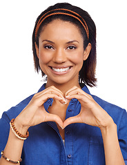 Image showing Smile, heart hands or portrait of black woman with love for care, health or valentines day in studio. Happy, white background or African lady with gesture or thank you sign for hope, support or peace