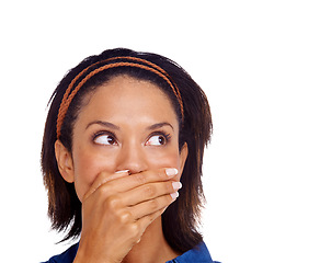 Image showing Face, mouth cover and woman thinking, shocked or looking at sales deal promo, fake news or surprise info. Wow, omg announcement and person react to drama, studio offer or gossip on white background