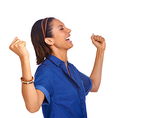 Image showing Happy, space or black woman in studio for celebration, achievement or goals with bonus reward. Mockup, winner or African model with pride, success or smile for target isolated on white background