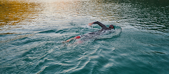 Image showing Triathlon athlete swimming on lake in sunrise wearing wetsuit