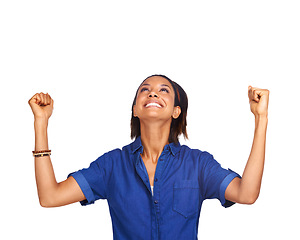 Image showing Happy, mockup or black woman in studio for celebration, achievement or goal with confidence. Looking up, winner or African model with pride, success or smile for target isolated on white background