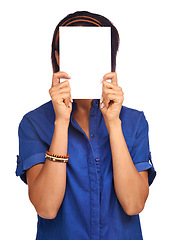 Image showing Woman, poster mockup and space in studio for promotion, white background for advertising information. Female person, hiding face and board placard for presentation, about us news or communication