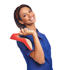 Image showing High heel shoes, fashion portrait and happy woman with retail deal, studio discount or sales product from shopping spree. Style, commercial or customer smile for boutique footwear on white background