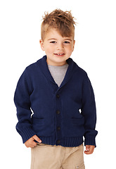 Image showing Portrait, smile and cute young kid in studio isolated on a white background. Face, happy child and adorable boy in casual clothes, fashion and confident model, preschooler or schoolchild in Australia