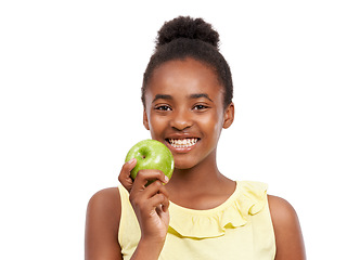 Image showing Smile, health and portrait of girl and apple in studio for nutrition, wellness and diet. Food, self care and vitamin c with face of African student and fruit on white background for fiber mockup