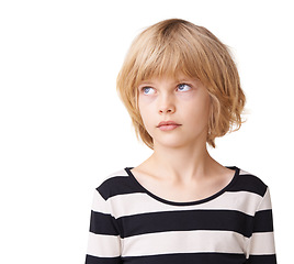 Image showing Children, thinking and fashion with a young girl in studio isolated on a white background for style. Idea, future and vision with a confident young kid model in a casual or trendy clothing outfit