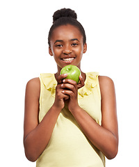 Image showing Youth, smile and health with portrait of girl and apple in studio for nutrition, wellness and diet. Food, self care and vitamin c with face of African student and fruit on white background for fiber