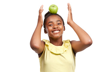 Image showing Balance, health and portrait of girl and apple in studio for nutrition, wellness and diet. Food, self care and vitamin c with face of African student and fruit on white background for fiber and smile