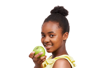 Image showing Space, health and portrait of girl and apple in studio for nutrition, wellness and diet. Food, self care and vitamin c with face of African student and fruit on white background for fiber mockup