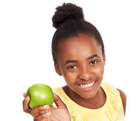 Image showing Food, health and portrait of girl and apple in studio for nutrition, wellness and diet. Smile, self care and vitamin c with face of African student and fruit on white background for fiber mockup