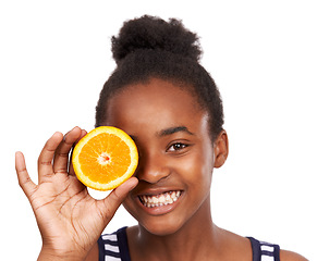 Image showing Smile, child and cover with girl with orange in studio for nutrition, wellness and diet. Food, self care and vitamin c with African person and fruit on white background for teenager, citrus and detox