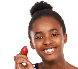 Image showing Nutrition, health and portrait of girl and strawberry in studio for smile, wellness and diet. Food, self care and vitamin c with face of African teenage child and fruit on white background for mockup