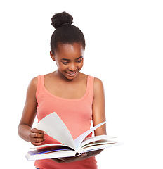 Image showing Thinking, black girl and reading a book with a smile, education and knowledge isolated on a white studio background. African person, kid and model with information, hobby and activity with student