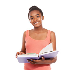 Image showing Portrait, smile and black girl with a book, education and knowledge isolated on a white studio background. Face, African person or child with hobby, happy and teenager with info, student and learning