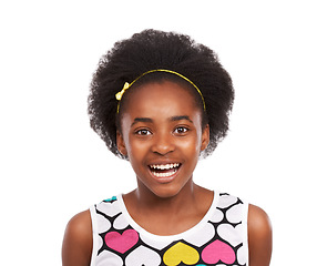 Image showing Smile, portrait and young black girl in a studio with positive, good and confident attitude. Sweet, happy and headshot face of gen z African teenager with natural hair isolated by white background.