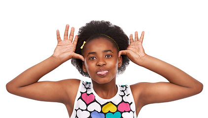 Image showing Goofy, funny and portrait of black girl in a studio with tongue out for crazy facial expression. Comedy, joke and young African child with tease, comic and silly face isolated by white background.