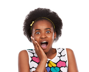 Image showing Shock, portrait and young black girl in a studio with wow, wtf or omg facial expression for good news. Sweet, excited and headshot of African teenager with surprise face isolated by white background.