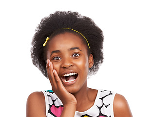 Image showing Surprise, portrait and young black girl in a studio with wow, wtf or omg facial expression for good news. Sweet, excited and headshot of African teenager with shock face isolated by white background.