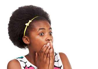 Image showing Shock, worry and young black girl in a studio with wow, wtf or omg facial expression for bad news. Scared, fear and headshot of African teenager with surprise face isolated by white background.