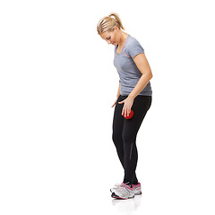 Image showing Massage ball, woman and leg physio for fitness, workout and sport training injury in studio. Health, stretching and exercise equipment with female person bruise and wellness with white background