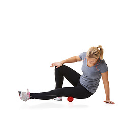 Image showing Massage ball, woman and leg health for fitness, workout and sport training injury in studio. Physio, stretching and exercise equipment with female person bruise and wellness with white background