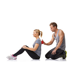 Image showing Massage ball, physiotherapy and studio with a woman with sport, fitness and workout back injury. Physical therapy, man and wellness with physio health and helping with white background and support