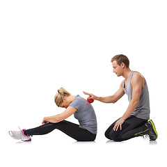 Image showing Massage ball, sport physiotherapy and studio with a woman with fitness and workout back injury. Physical therapy, man and wellness with physio health and helping with white background and support