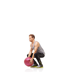 Image showing Man, medicine ball and squat exercise workout in studio or glute training, gym strong or white background. Male person, sport equipment and leg balance as mockup space, challenge or health wellness