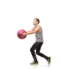 Image showing Man in studio with power, gym ball and mockup for exercise, body wellness and commitment. Workout, muscle training and athlete with sphere for balance, fitness and performance on white background.