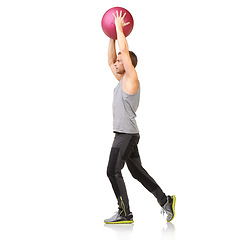 Image showing Man in studio with stretching, gym ball and mockup for exercise, body wellness and commitment. Workout, muscle training and athlete with sphere for balance, fitness or performance on white background