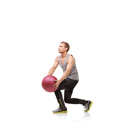 Image showing Man in studio with fitness, medicine ball and mockup for exercise, body wellness and commitment. Workout, muscle training and athlete with sphere for balance, gym and performance on white background.