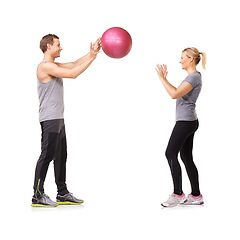 Image showing Fitness, man and woman with gym ball with coaching in exercise, body wellness and support. Sports workout, girl and personal trainer with sphere for balance, training and power on white background.