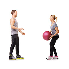 Image showing Coaching, man and woman with medicine ball for fitness in studio, body wellness or support. Sports workout, fit girl and personal trainer with sphere for balance, training and gym on white background