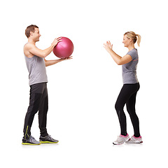 Image showing Fitness, man and woman with medicine ball for coaching in exercise, body wellness and support. Sports workout, girl and personal trainer with sphere for balance, training and gym on white background.