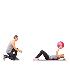 Image showing Coaching, man and woman with medicine ball for fitness in studio, body wellness and support. Sports workout, girl and personal trainer with sphere for balance, training and power on white background.