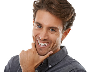 Image showing Man, portrait and happy in studio with fashion, casual style or trendy outfit with confidence and mock up space. Person, face or smile with good mood, joyful or cheerful and shirt on white background