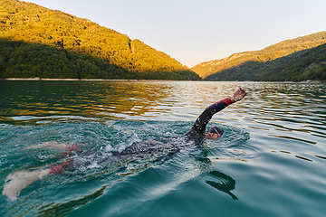 Image showing Triathlon athlete swimming on lake in sunrise wearing wetsuit