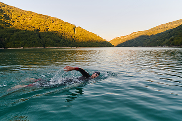 Image showing Triathlon athlete swimming on lake in sunrise wearing wetsuit