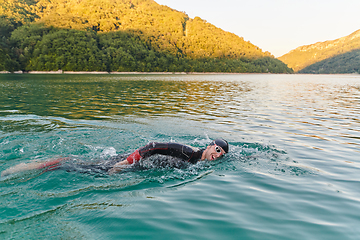 Image showing Triathlon athlete swimming on lake in sunrise wearing wetsuit