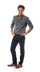 Image showing Happy, entrepreneur and portrait of man in studio, white background or confident in professional style. Businessman, smile or hands on hips with jeans, fashion or person with pride for work or career