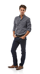 Image showing Serious, entrepreneur and confident portrait in studio, white background and professional style. Businessman, manager and hands in jeans, pockets or person with pride for career in casual fashion