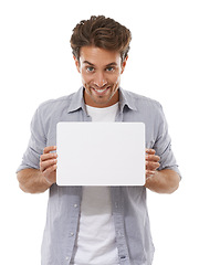 Image showing Portrait, sign and happy man on poster, advertising and mockup space isolated on a white studio background. Face, paper and person show banner on promotion, info or blank billboard presentation offer