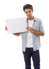 Image showing Poster, mockup and portrait of man with sign, presentation and communication of announcement in white background. Blank, placard and person advertising in studio, space and billboard for news or info