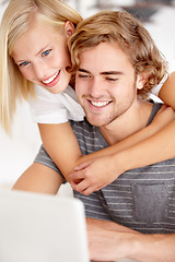 Image showing Laptop, hug and a young couple in their apartment for accounting or budget planning together. Computer, love or banking research with a happy man and woman in their home for investment growth